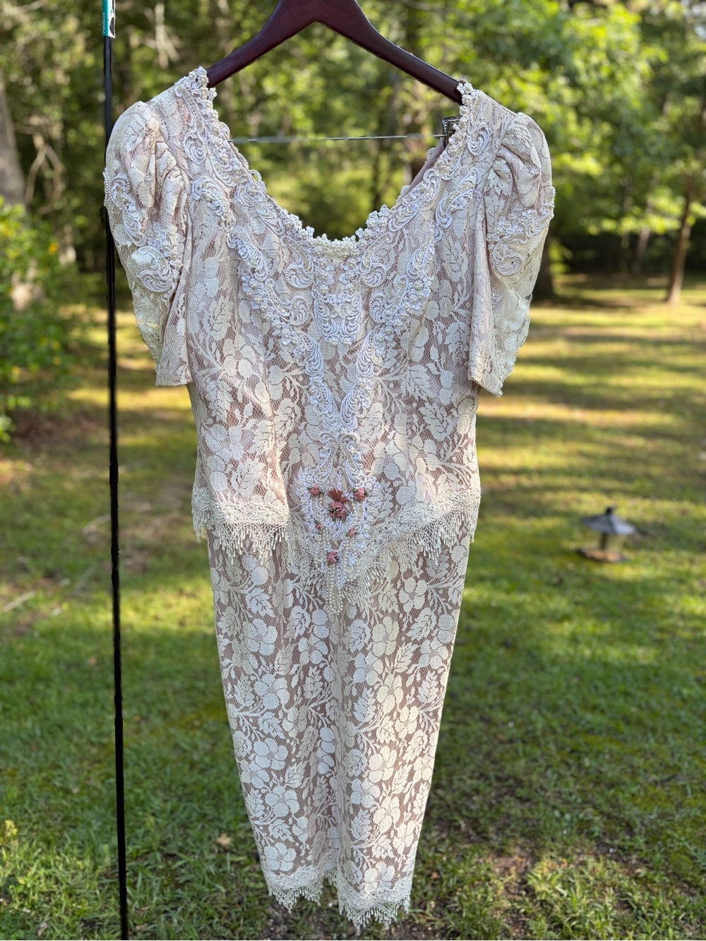 French Lace Beaded DropWaist Sheath Bridal Dress 80s/90s Ivory Wedding. Rosettes